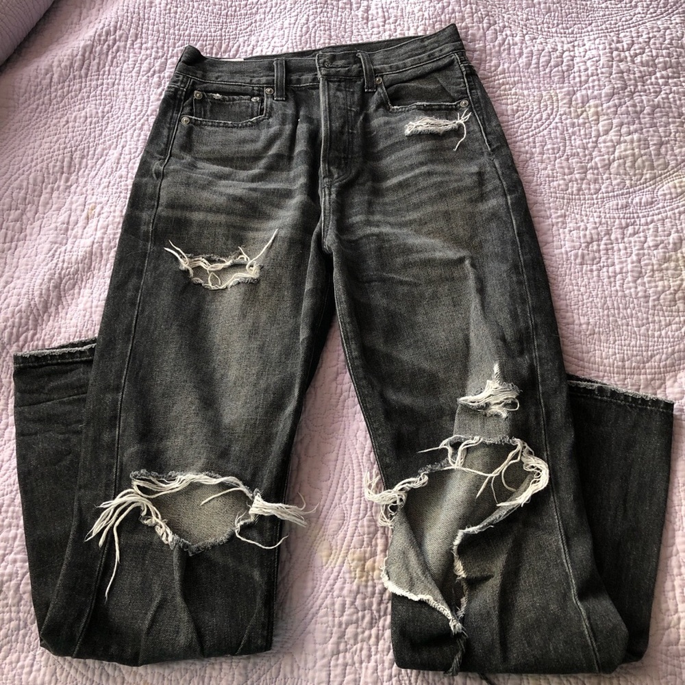 AE grey ripped mom jeans